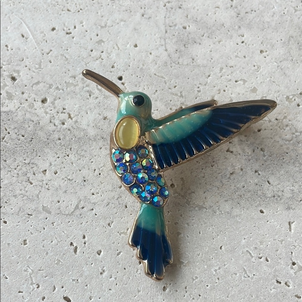 Macy's Blue and Green Hummingbird Brooch with Enamel Finish